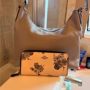 Michael Kors Gray Leather Hobo Bag with Coach Floral Wallet